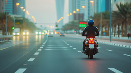 Motorcyclist riding down a city street during early morning hours.