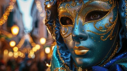A beautiful woman wearing a Venetian mask with blue and gold decorations.