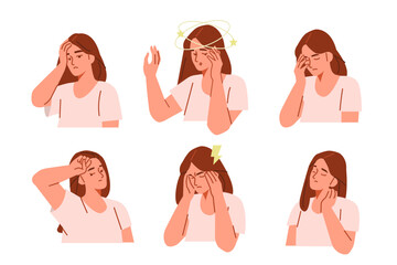 Tired woman have headache, migraine, dizziness and other chronic fatigue syndrome symptoms. Collection of various early warning signs of disease. Vector illustration.