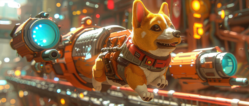 A cartoon illustration of a corgi dog wearing a space suit and flying through space on a rocket.