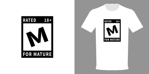 Vector illustration of a T-shirt with M 18+ Rating Warning. M For Mature Logo. Template for website banner, typographic print