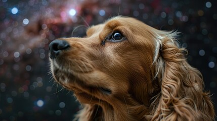 A cocker spaniel dog looking up at the stars in the night sky.