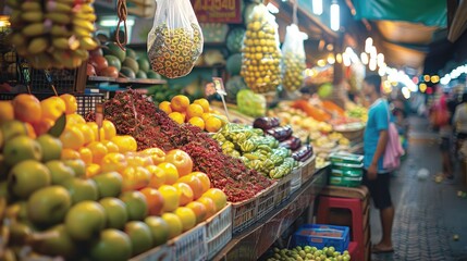A colorful and vibrant fruit market in Thailand, with a variety of exotic fruits and vegetables on...