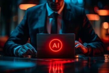 Professional man interacting with futuristic AI technology on laptop amid vibrant digital lights