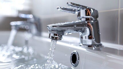 Close-up of silver faucet in the bathroom with splashing water