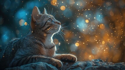 A cute cat looking up at the stars in awe