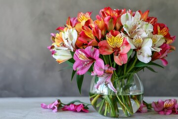Glass Vase Holding a Bouquet of Alstroemeria Flowers