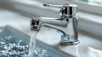 Close-up of silver faucet in the bathroom with splashing water