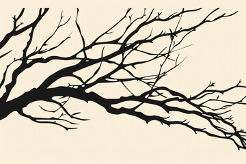 Black silhouette of bare tree branches against a beige background