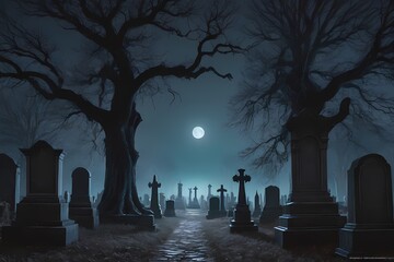 Spooky halloween night graveyard background with trees and moon 