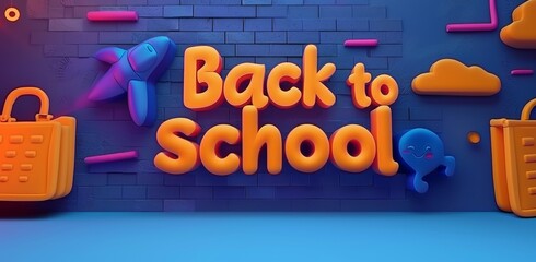 Fototapeta premium Vibrant 3D 'Back to School' Typography with Whimsical Cartoon Characters and School Supplies on a Textured Blue Background