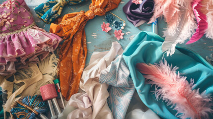 A Children's Day costume-making session, with fabrics, feathers, and craft supplies available for kids to create their own outfits.