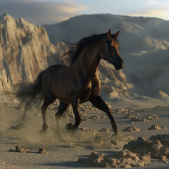 A brown horse is running in the desert.

