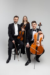 Elegant musicians with contrabass and violins