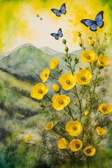 Textured spring green leaves on a branch, framing a landscape of spring flowers, anemones, yellow broom and hills, with small butterflies on a branch