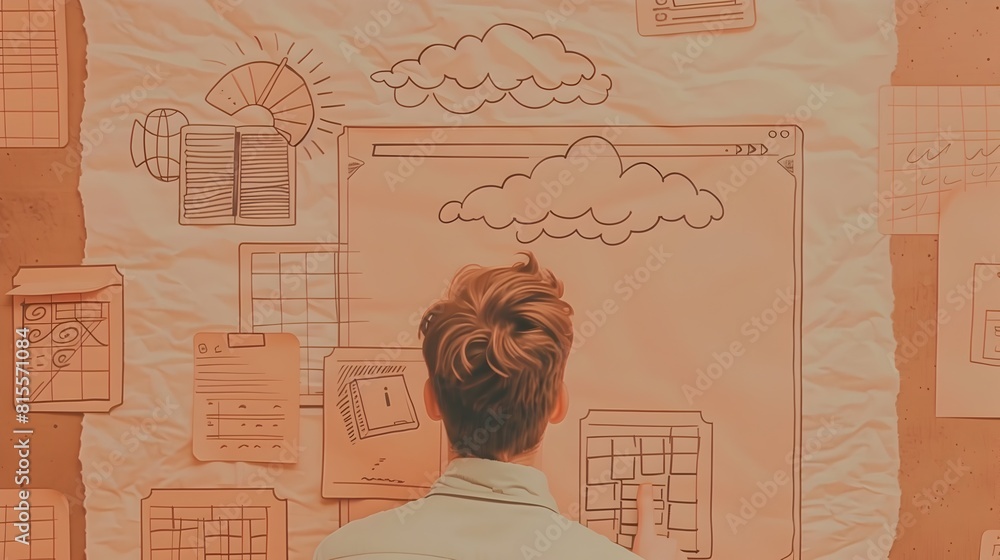 Poster architectural cloud design workspace with whiteboard sketches and tech diagrams