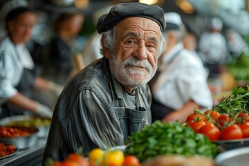 An elderly vendor surrounded by brightly colored fresh vegetables at a busy market. 