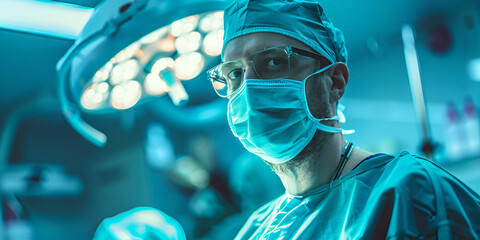 Professional doctor in surgical attire working in a medical portrait of a surgeon in a theatre during operation.