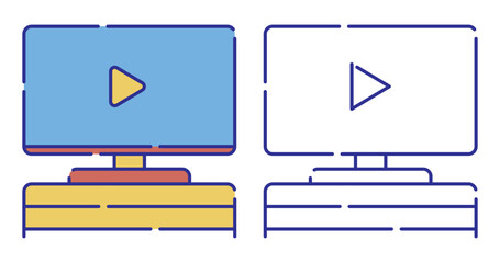 Thin line stroked color icon. Flat screen TV on home theater table. Watching movie at home on larger screen. Simple vector isolated on white background