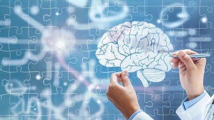 Brain puzzle with missing piece held by doctor's hand, brain treatment. Ideal for medical presentations, websites, and healthcare marketing.