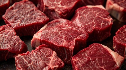 Detailed close-up of assorted camel steak cuts, showcasing the premium steak's unique texture and flavor, isolated background, studio lighting