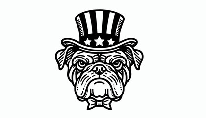Bulldog Dog 4th July Line Art Memorial Day Clip Art Celebration USA (United State) Art Cute Cartoon For Independence Day Animal Patriotic with American Flag