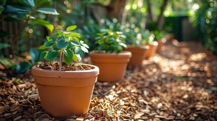 A young rose bush growing in a terracotta pot amidst mulch in a serene garden