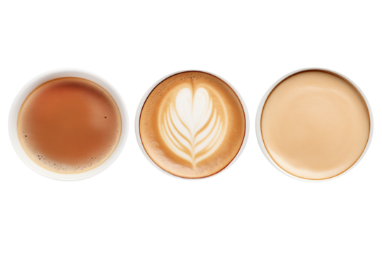 Three cups of coffee, top view, isolated on transparent background.