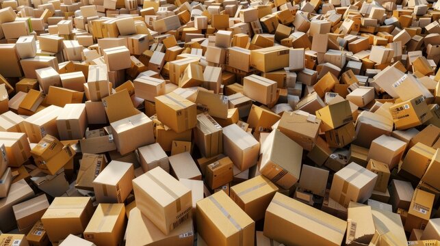 This image showcases an overwhelming number of piled cardboard boxes, possibly in a warehouse, suggesting logistics or online shopping themes