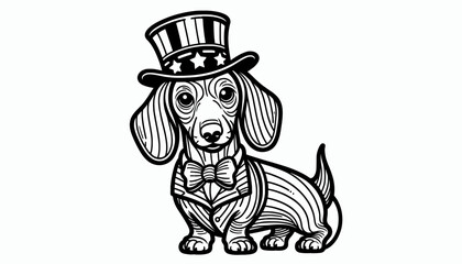 Dachshund Dog 4th July Line Art Celebration USA (United State) Art Cute Cartoon For Independence Day Animal Patriotic with American Flag Memorial Day Clip Art
