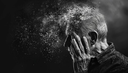 Old Man Alzheimer's Brain Awareness Month Concept Abstract Black and White. Copy Space.