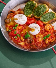 Rustic shakshuka with poached eggs and pesto