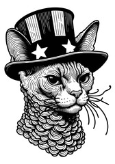 Devon Rex Cat 4th July Line Art Memorial Day Clip Art Animal Patriotic with American Flag Celebration USA (United State) Art Cute Cartoon For Independence Day