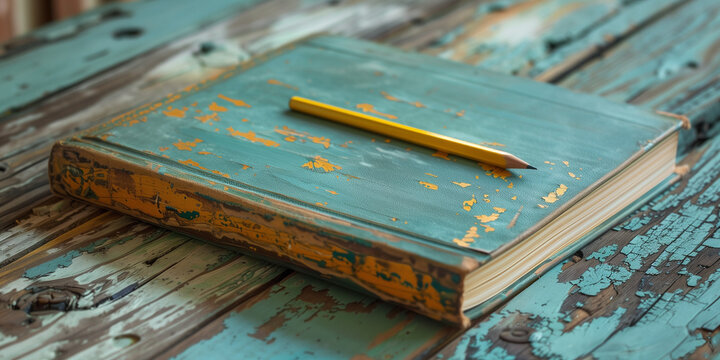 an old antique book on an old rustic wooden book with pencil with old memories generative ai 