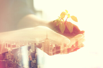 Double exposure, soil and plant in hands with city overlay for earth day, sustainability and eco...