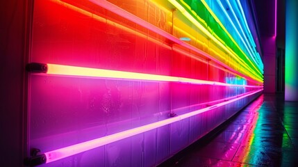 A dynamic neon light display of a rainbow flag celebrating LGBTQ+ pride