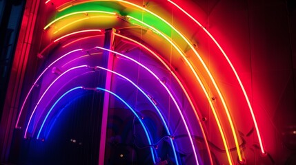 A dynamic neon light display of a rainbow flag celebrating LGBTQ+ pride