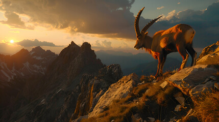 Mountain goat or ibex on the forelimb Ibex climbing Background of high mountains and mountains.