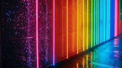A vibrant neon display of a rainbow flag with glowing colors for Pride Month celebrations