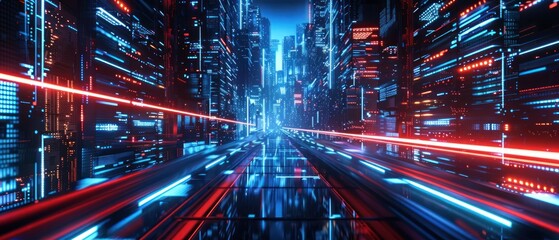 Cyberpunk cityscape background with red and blue neon light effect. AI generated image