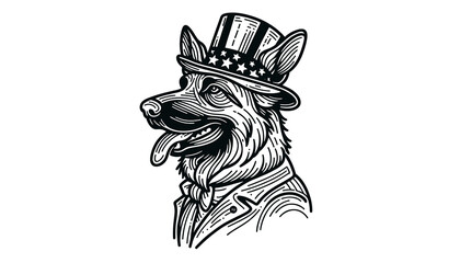 German Shepherd Dog 4th July Line Art Animal Patriotic with American Flag Celebration USA (United State) Art Cute Cartoon For Independence Day Memorial Day Clip Art
