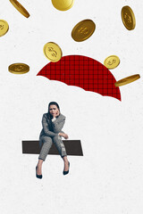 Vertical photo collage of upset stressed businesswoman umbrella roof coin fall bankrupt concept...