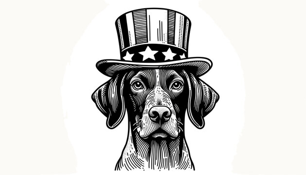 German Shorthaired Pointer Dog 4th July Line Art Celebration USA (United State) Art Cute Cartoon For Independence Day Animal Patriotic with American Flag Memorial Day Clip Art