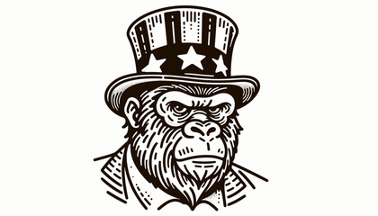 Gorilla 4th July Line Art Celebration USA (United State) Art Cute Cartoon For Independence Day Animal Patriotic with American Flag Memorial Day Clip Art