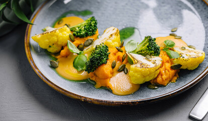 Gourmet vegetarian meal on elegant table setting