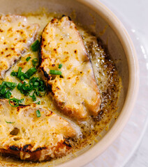 Homemade french onion soup with melted cheese