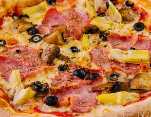 Delicious supreme pizza close up
