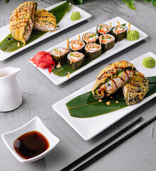 Fresh sushi platter on modern table setting