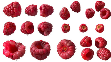 Raspberries: Various angles of clusters and individual berries, some halved to show internal structure, on transparent background, PNG
