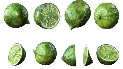 Limes: Various perspectives including whole limes, sliced, and quartered views with detailed texture, on transparent background, PNG